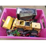 Box containing diecast cars, tonka loader and a boxed coach
