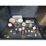 Cage containing quantity of gold and other watches plus silver pocket watch, alarm clock, radio,