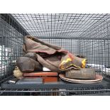 Cage containing scouting blanket, ornamental wooden shoes, geometry set, table lighter, collectors