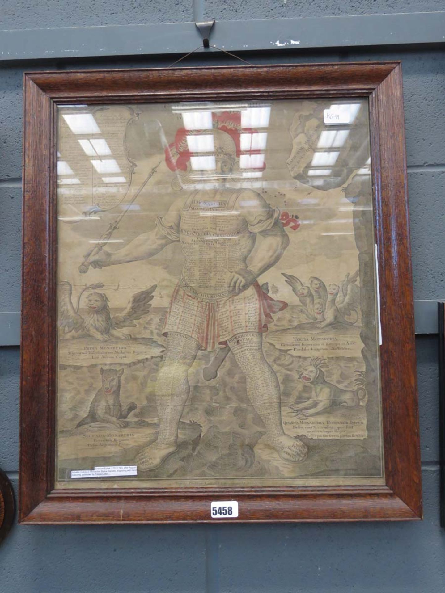 Framed and glazed engraving of a colossus after August Scheller