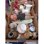 Box containing a vintage doll, a quantity of Johnson brothers crockery, plus a teddy bear, silver