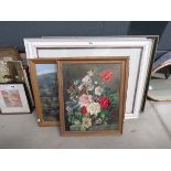 Quantity of prints to include still life with flowers, highland scenes and a oil on canvas country