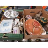 2 Boxes containing glass wear ornamental figures, a glass sauce bottle, general crockery and china