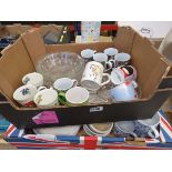 Two boxes containing coffee mugs, glassware, blue and white and Doulton Segovia