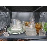 Cage containing green glazed crockery and quantity of glassware
