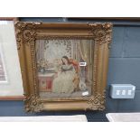 Framed and glazed tapestry - lady and musical instrument