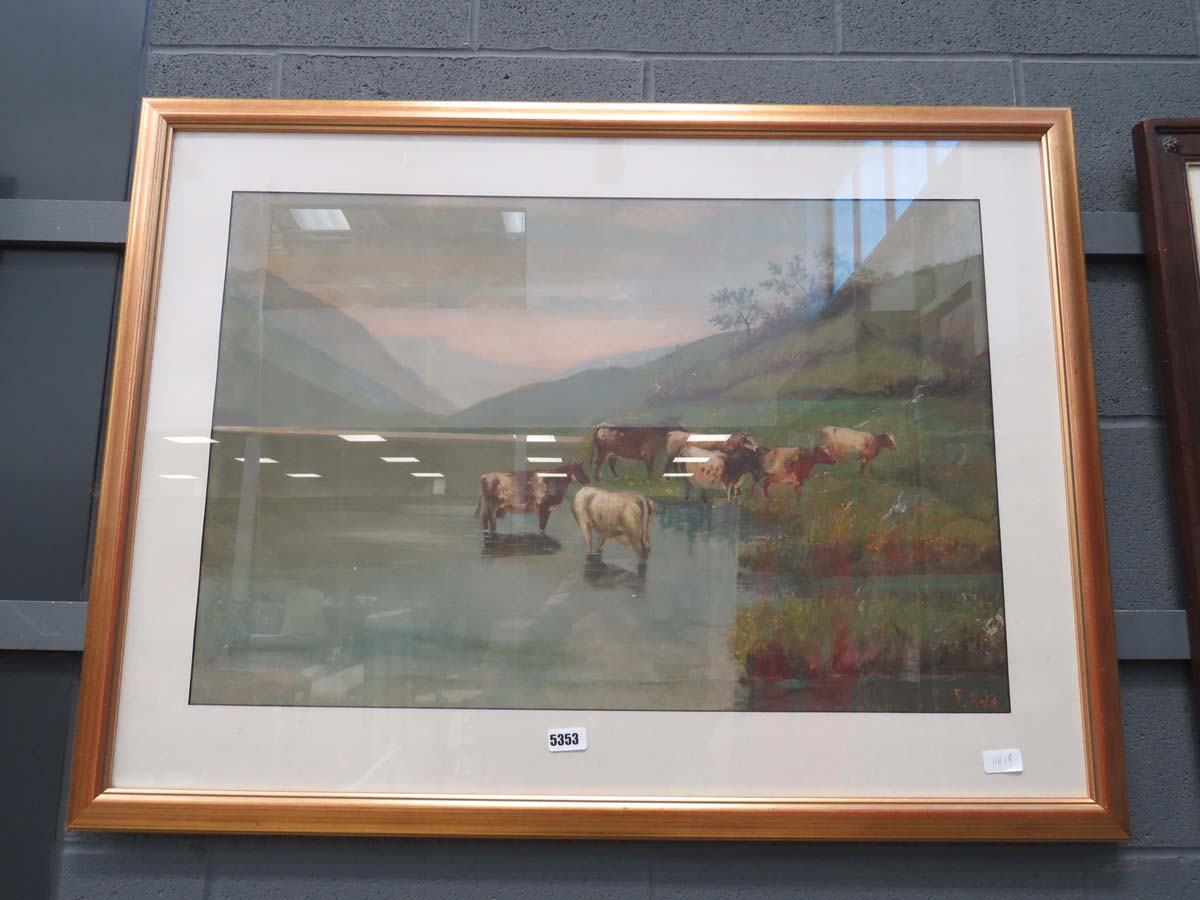 Print highland scenery with cattle