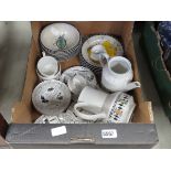 Box containing Ridgway home baker crockery, tea pots and fruit decorated plates