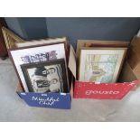 2 boxes containing water colours and engraving to include a windmill, old boots, country sense, an