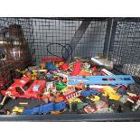 Cage containing a quantity of diecast cars, tinplate vehicle and steam engine