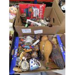 Box containing a carved wooden African mask, a quantity of beadwork, dry gourds and toys