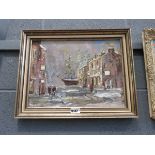 Oil on board lane with harbour and sailing ship in background