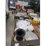 4 Boxes containing skate boards, squash rackets, artificial flowers, vases, studio poetry, general