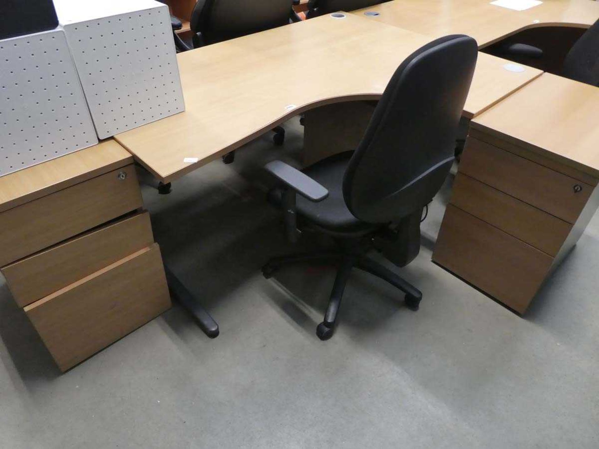 Beech effect radial office desk with 3x matching 3-drawer pedestal and a cloth chair