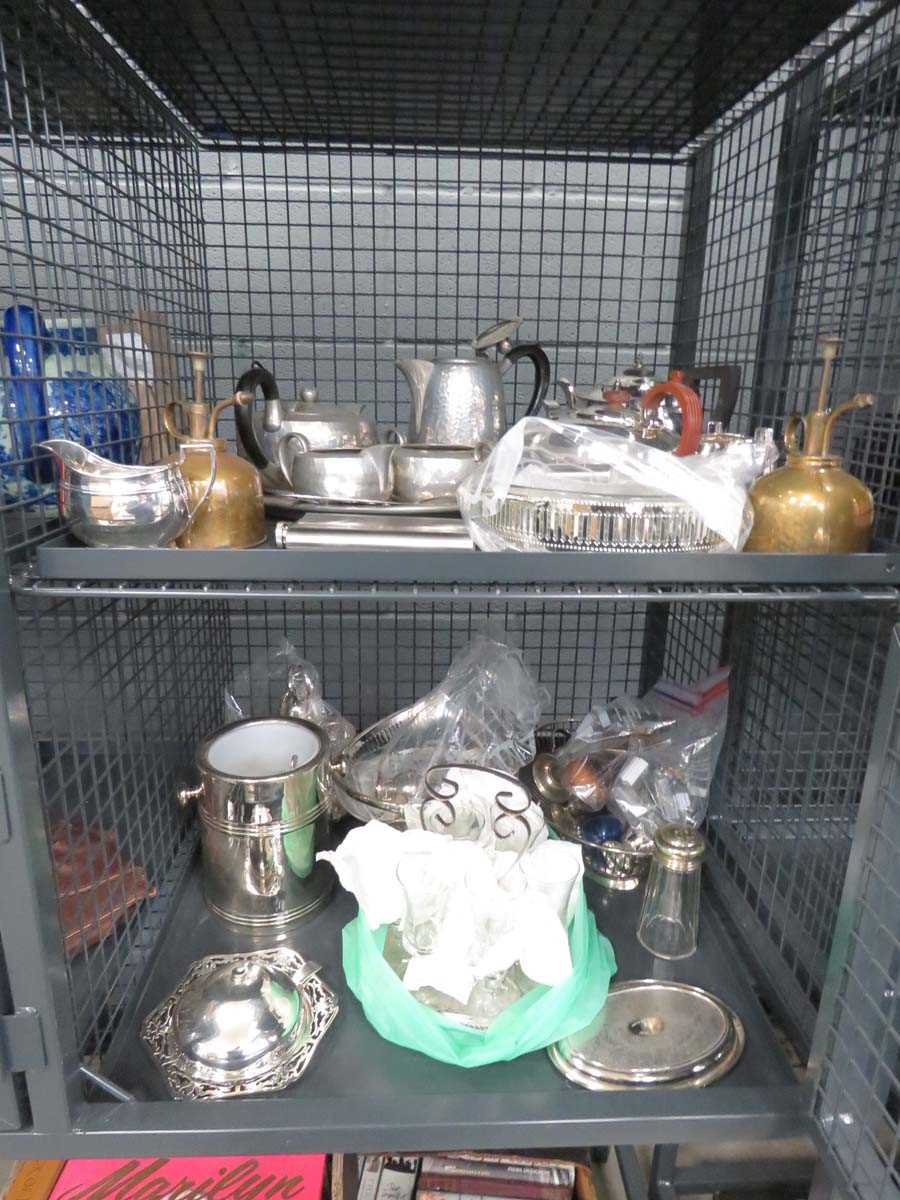 2 cages containing pewter tea service, stainless steel tea service, hip flasks, sherry glasses and - Image 2 of 2