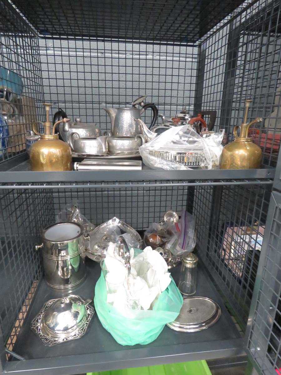 2 cages containing pewter tea service, stainless steel tea service, hip flasks, sherry glasses and