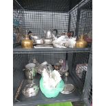 2 cages containing pewter tea service, stainless steel tea service, hip flasks, sherry glasses and