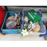 2 boxes containing glassware, ornamental figures, fluffy toys and a first aid box