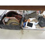 2 boxes containing a quartz clock, mantle clock, brass trays, jewellery box, collectors plates and
