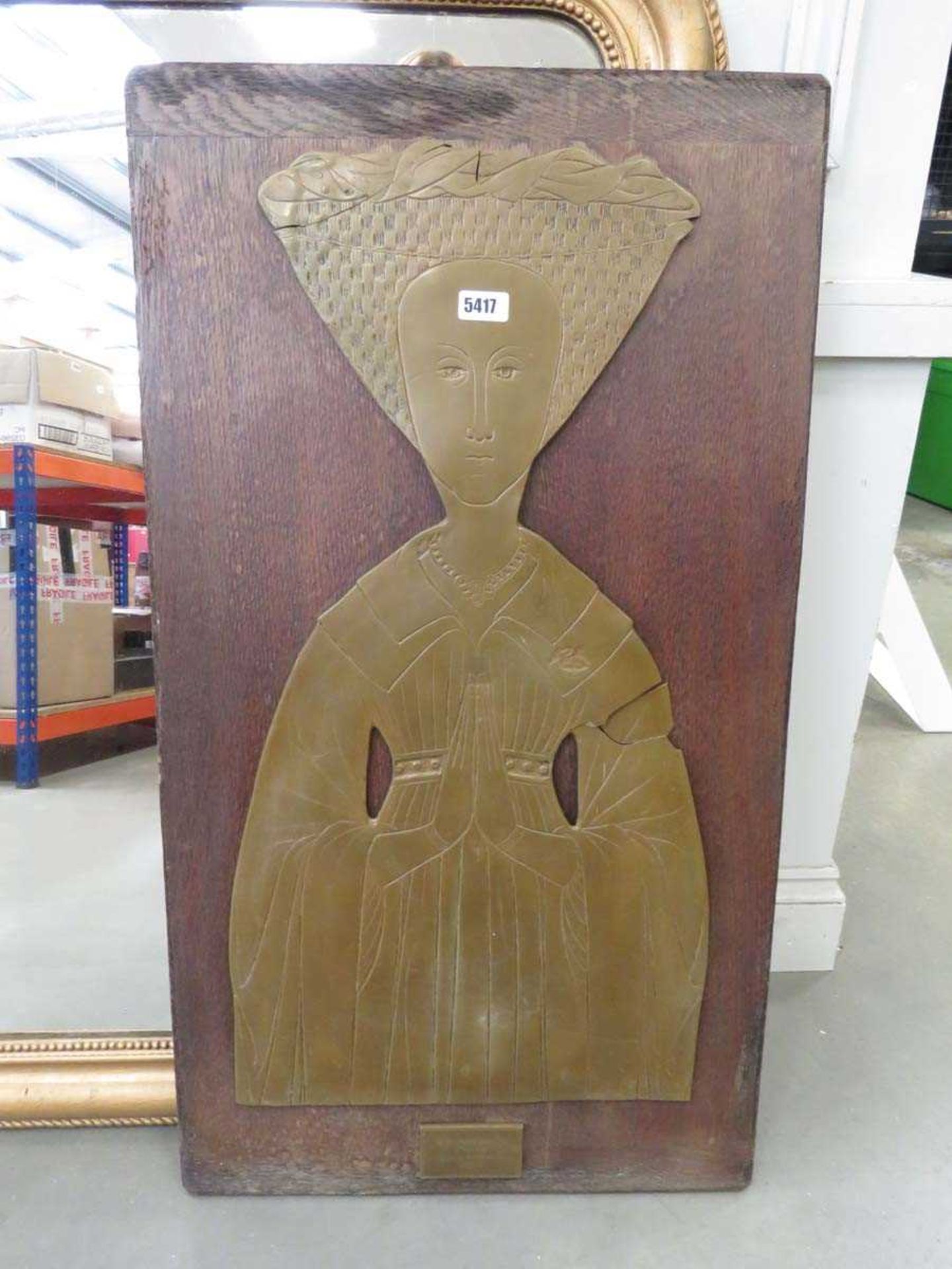 Oak board with figure of a brass rubbing