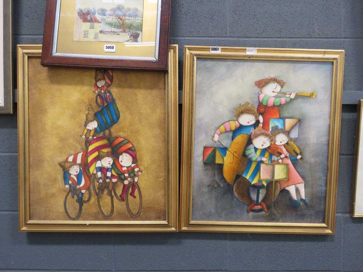 Pair of oleographs of cyclists and musicians