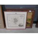 Framed and glazed map of Bedford plus 2 oak frames oleographs, cattle in meadow and country cottage