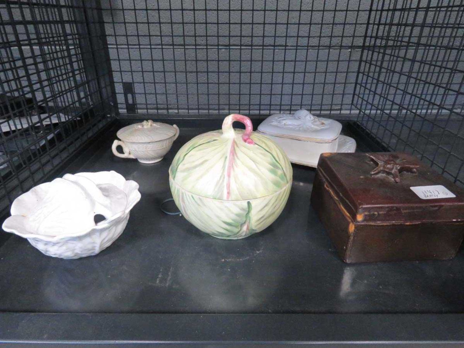 (2) Cage containing a sardine dish, cabbage patterned lidded pots plus a Bretby trinket box