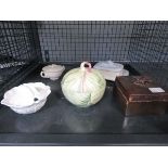 (2) Cage containing a sardine dish, cabbage patterned lidded pots plus a Bretby trinket box