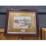 Framed and glazed watercolour - estuary with fishing boat and cottage