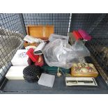 Cage containing a quantity of costume jewellery and a seashell trinket box