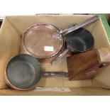 (8) - Box containing copper cooking pots and a ...