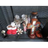 Cage containing rose patterned crockery, ornamental posie, ornaments and general china