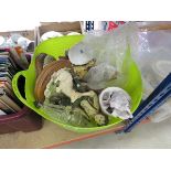 Plastic tub with a quantity of ornamental figures, crockery and glassware