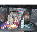 Cage containing Masons and other crockery, Poole pottery dolphin, Italian vase, lustre ware bowl,