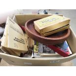 Box containing several volumes of The Railway Observer Magazine plus a turned wooden bowl, a stamp