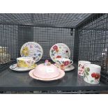 Cage containing Spode cups and saucers plus a pink glazed pot and two Spode canisters