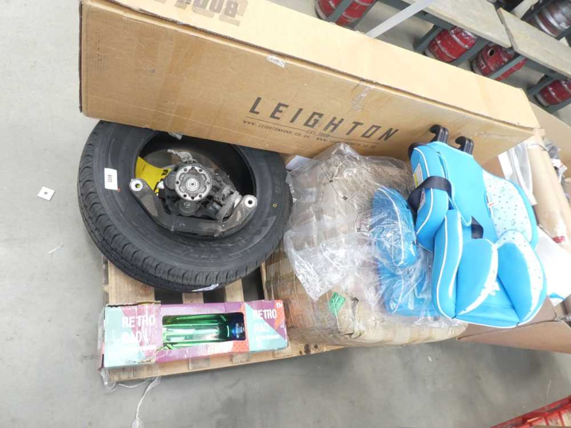 +VAT Pallet containing tyre, various car parts, child's seat, scooter, etc.