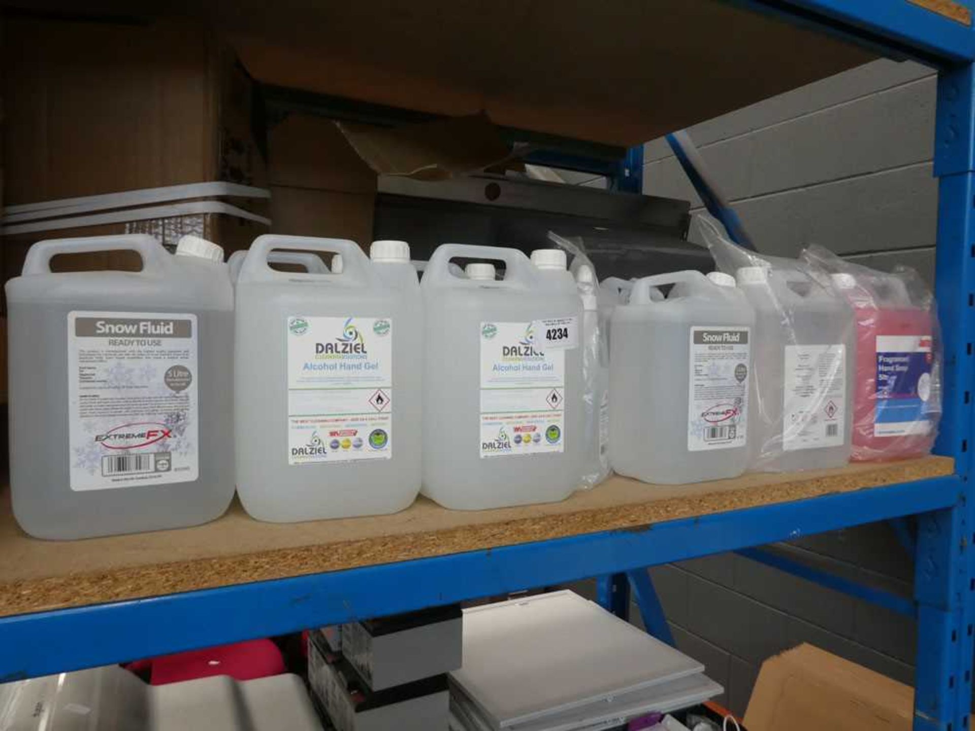 +VAT Half shelf of chemicals inc. hand gel, snow fluid, hand soap etc.