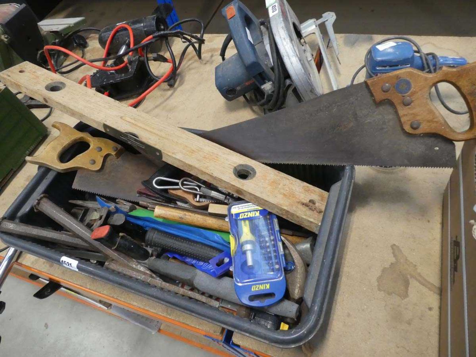 Plastic box of tools inc. hammers, screwdrivers, saws, planes etc