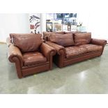 Pair of brown leather 3 seater sofas plus pair of matching armchairs