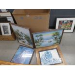 Box containing a quantity of Asian paintings, print of a tiger, print of owls, country scenes and