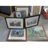 Box containing prints, engravings and paintings incl. Oast houses, townscapes, still life with