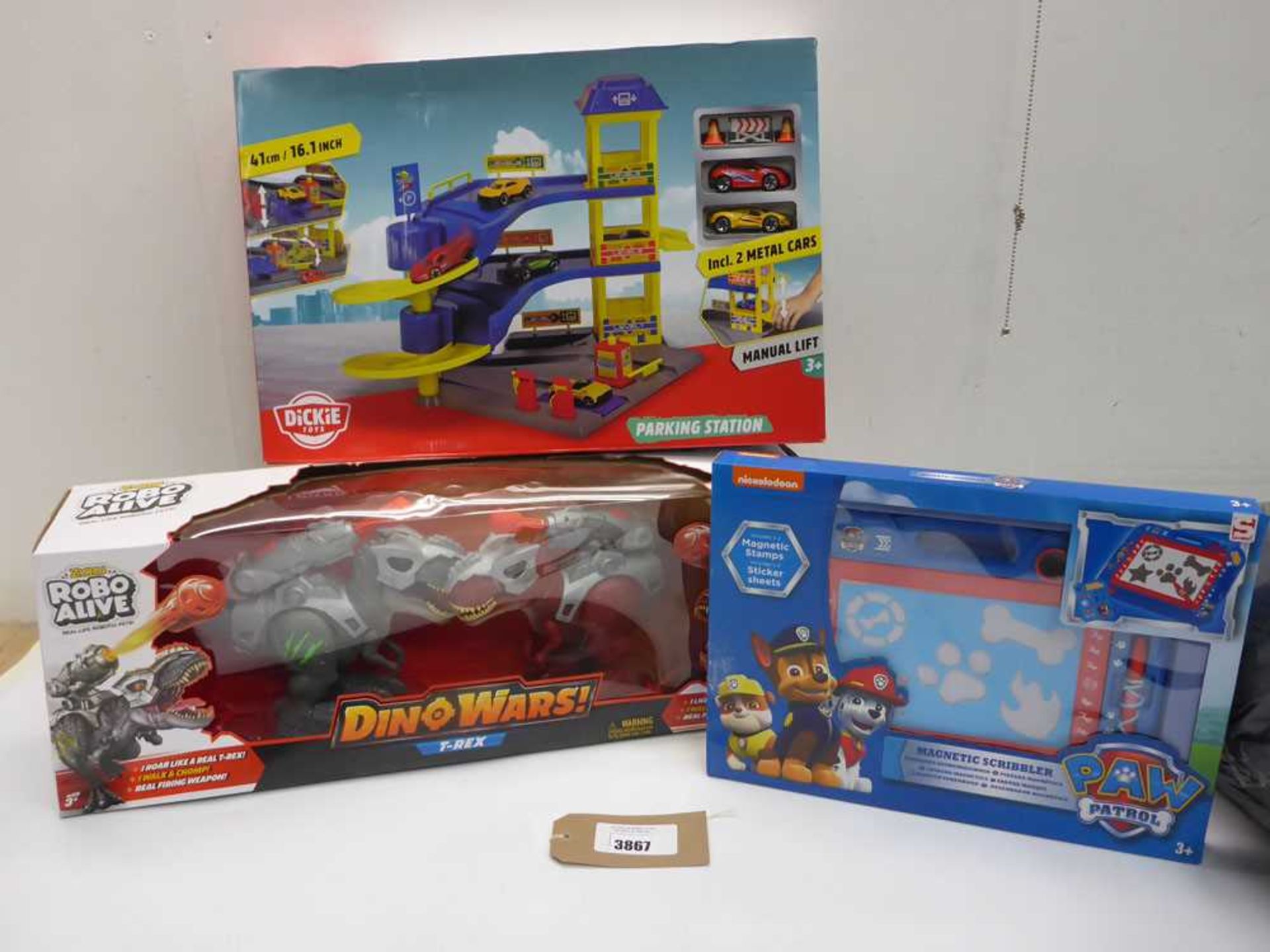 +VAT Paw Patrol magnetic scribbler, Dino Wars t-Rex robotic pets and Dickie Toys Parking station