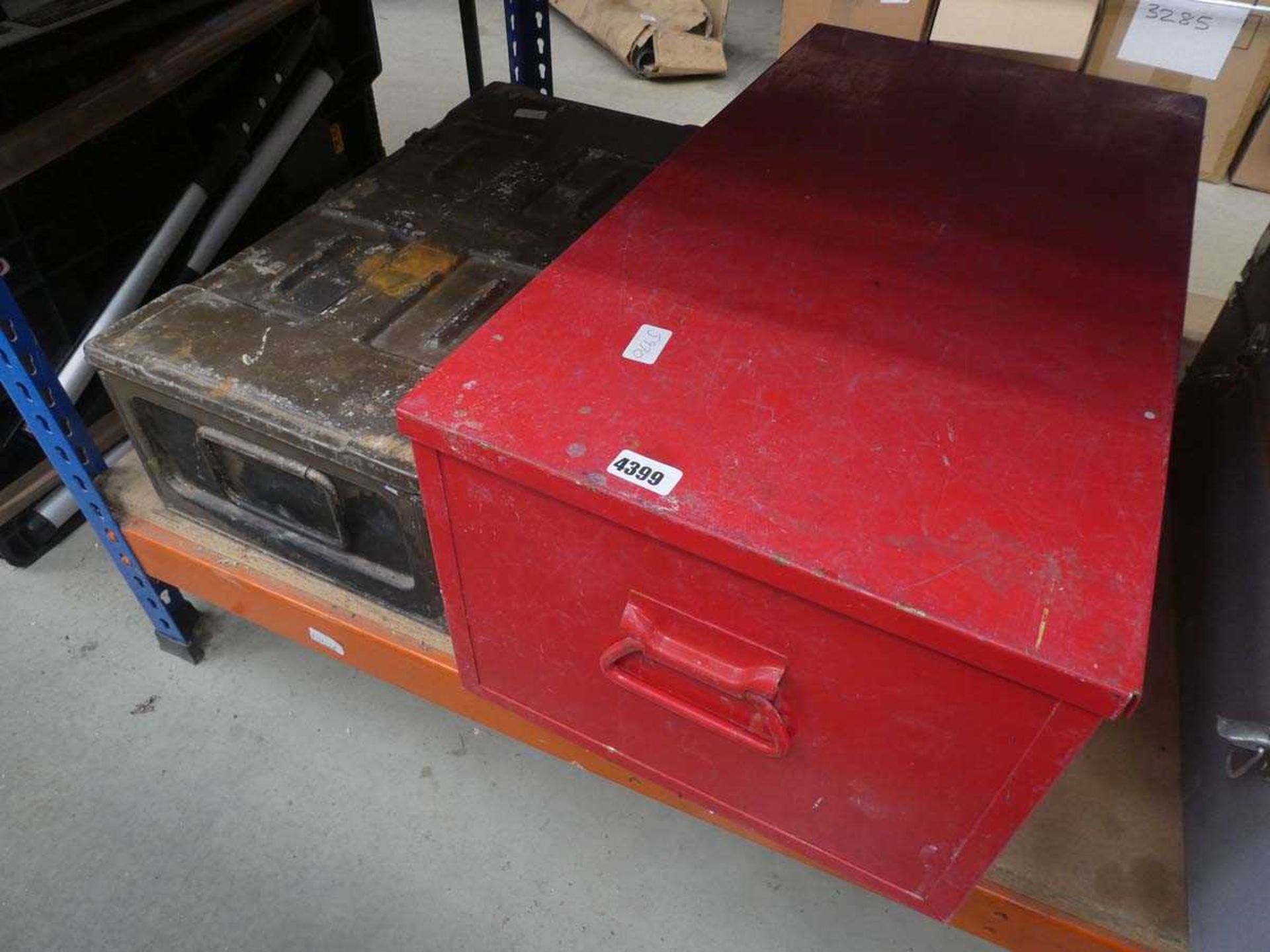 Military style ammo tin and red metal toolbox