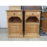 Pair of pine single door cabinets with drawer and shelf over