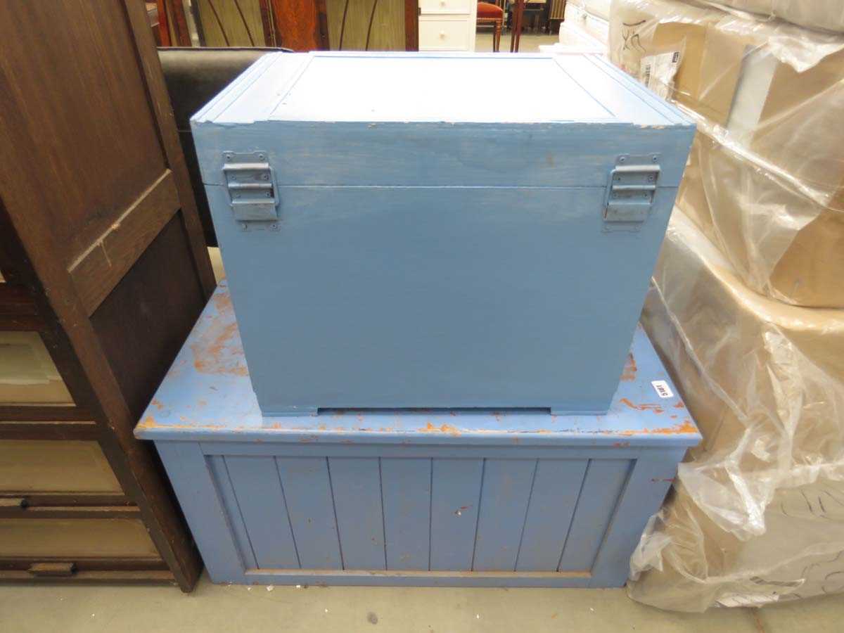 2 blue painted blanket boxes