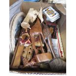Box containing carved African figures, cards, trinket boxes and prints