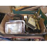 Box containing brass candlesticks, pots, table lamp, cooking pot, plus a copper tray and baking