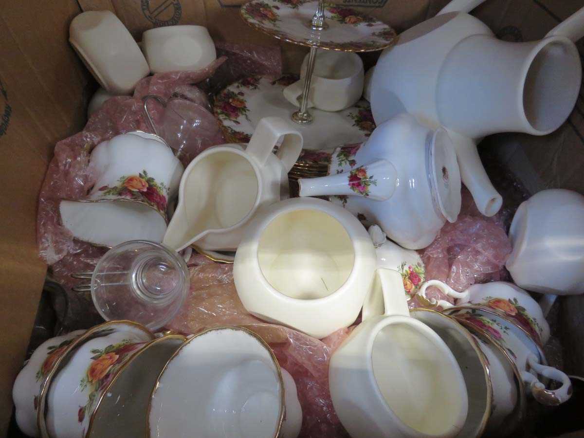 Box containing a qty of Royal Albert old country rose patterned crockery plus glassware