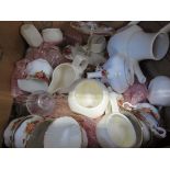 Box containing a qty of Royal Albert old country rose patterned crockery plus glassware